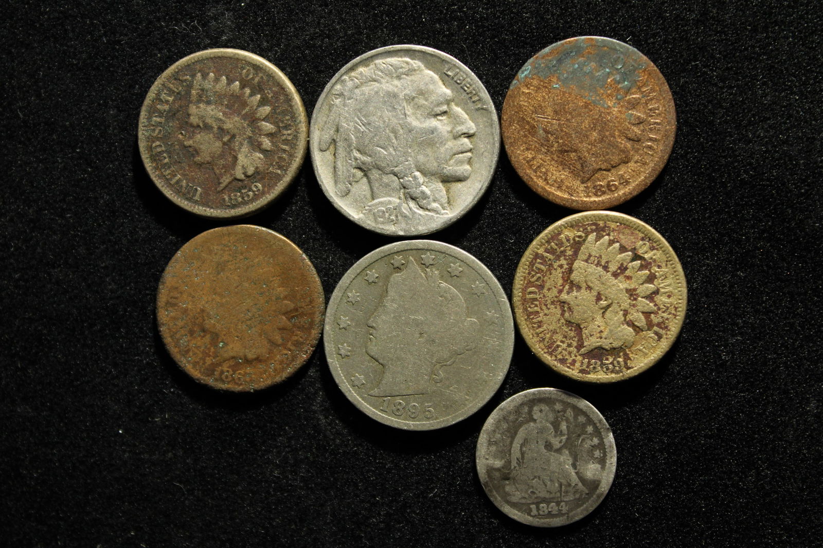 7-  U.S. Coins Includes 1844 Seated Liberty Half Dime, Four Indian Head Cents, 1927 Buffalo Nickle, (1 of 2)
