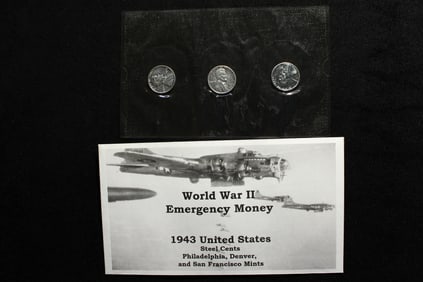 WWII Emergency Money -  1943 P,D &S Lincoln Steel Cents in High Grade