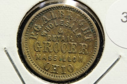 1863 Massillon Ohio Civil War Merchant Token issued by P.G. Albright, dealer in Wholesale and Retail