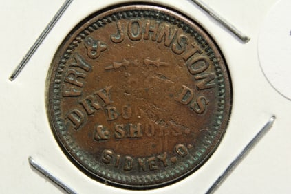 Sidney Ohio Civil War Merchant Token issued by Fry & Johnston, dealer Dry Goods, Boots, and Shoes.