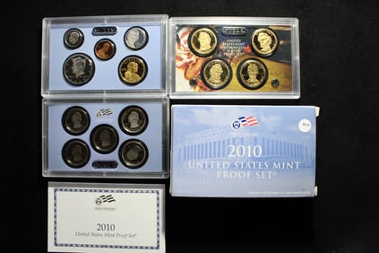 2010-S US Proof Set. Includes regular coinage plus Presidential $1s and First Year Parks Quarters.