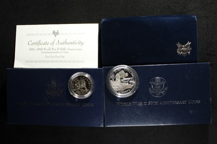 1991-1995-W&P PROOF WWII 50th Anniv. Commem 2-Coin Set in OGP w/ COA 90% Silver Dollar & Clad Half