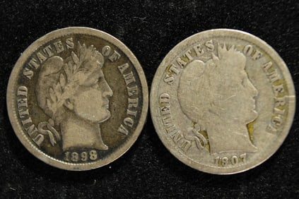 1898 & 1907-S Barber Silver Dimes **Both VG**