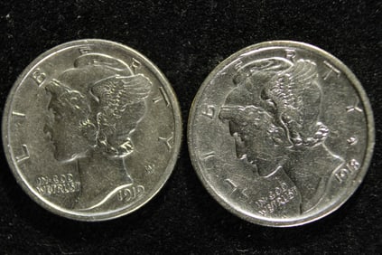 1919-D  AU & 1918-D - AU Mercury Silver Dimes