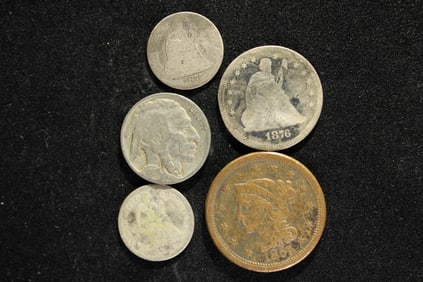 Five Misc. U.S. Coins -Includes One 1876 Seated Liberty Quarter, 1855 Large Cent, 1927 Buffalo