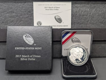 2015-W PROOF March of Dimes Commem 90% Silver Dollar in OGP w/ COA
