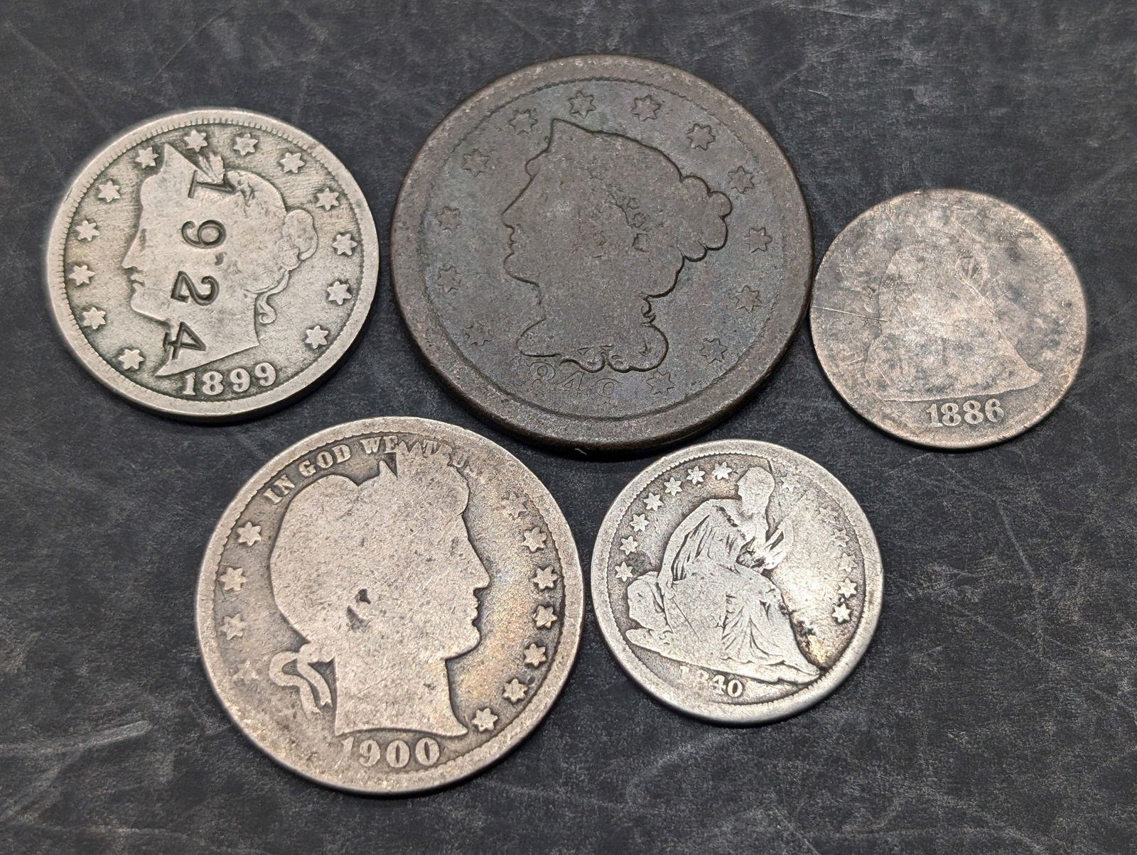 Five U.S. Coins - 1849 Large Cent, 1899 Counter Stamped Liberty Head V Nickel, 1900 Barber Quarter, (1 of 2)