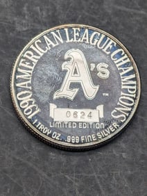 1 Troy Oz. .999 FINE SILVER 1990 American League Champions A's Designed Coin - Limited Edition