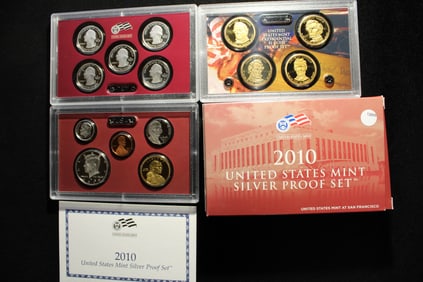 2010 -S U.S. Mint Silver Proof Set Contains Seven Silver Coins & the Presidential Dollars