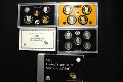2011 -S U.S. Mint Silver Proof Set Contains Seven Silver Coins & the Presidential Dollars