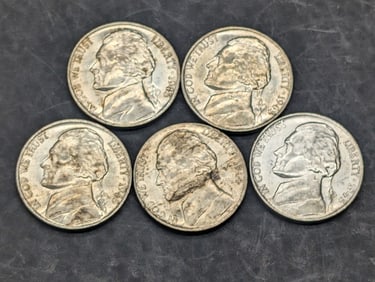 5 Wartime 35% Silver Jefferson Nickels One 1944-P & Four 1945-P