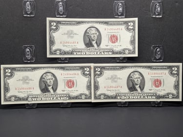 Three 1963 Series $2.00 RED SEAL US Notes Consecutive Numbers