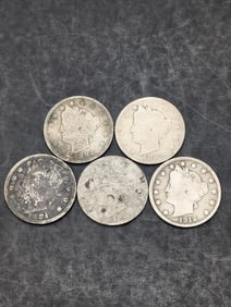 5 - Liberty Head V-Nickels -1884, 1889, 1892, 1896, 1912-D