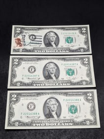 Lot of Three 1976 $2.00 Federal Reserve Notes Including One JFK First Day Stamp & Two Consecutive