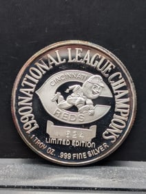1 Troy Oz. .999 FINE SILVER 1990 National League Champions Reds Designed Coin - Limited Edition
