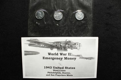 WWII Emergency Money -  1943 P,D & S Lincoln Steel Cents in High Grade