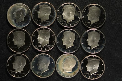 Lot of 12 Various Dated Proof Kennedy Half Dollars in UNC Condition