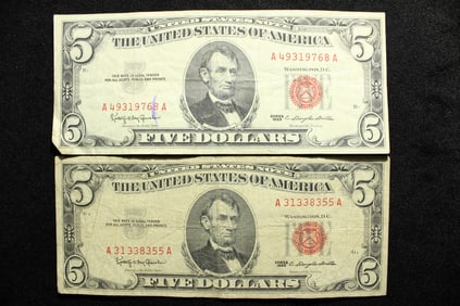 Lot of Two 1963 Series $5.00 RED SEAL Banknotes