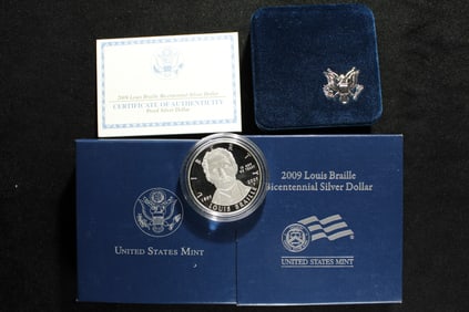 2009-P PROOF Louis Braille Bicentennial Commem Silver Dollar in OGP w/ COA