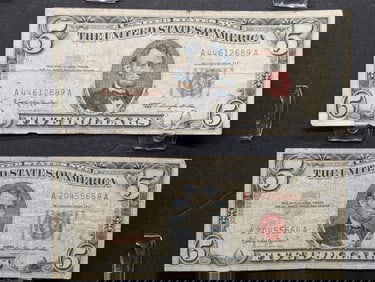 Lot of Two 1963 Series $5.00 RED SEAL Banknotes