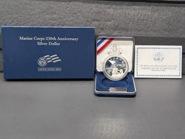 2005-P PROOF Marine Corps 230th Anniv. Commem Silver Dollar in OGP w/ COA