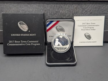 2017-P PROOF Boys Town Centennial Commem Silver Dollar in OGP w/ COA