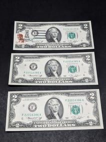 Lot of Three 1976 $2.00 Federal Reserve Notes Including - One JFK First Day Stamps & two Consecutive
