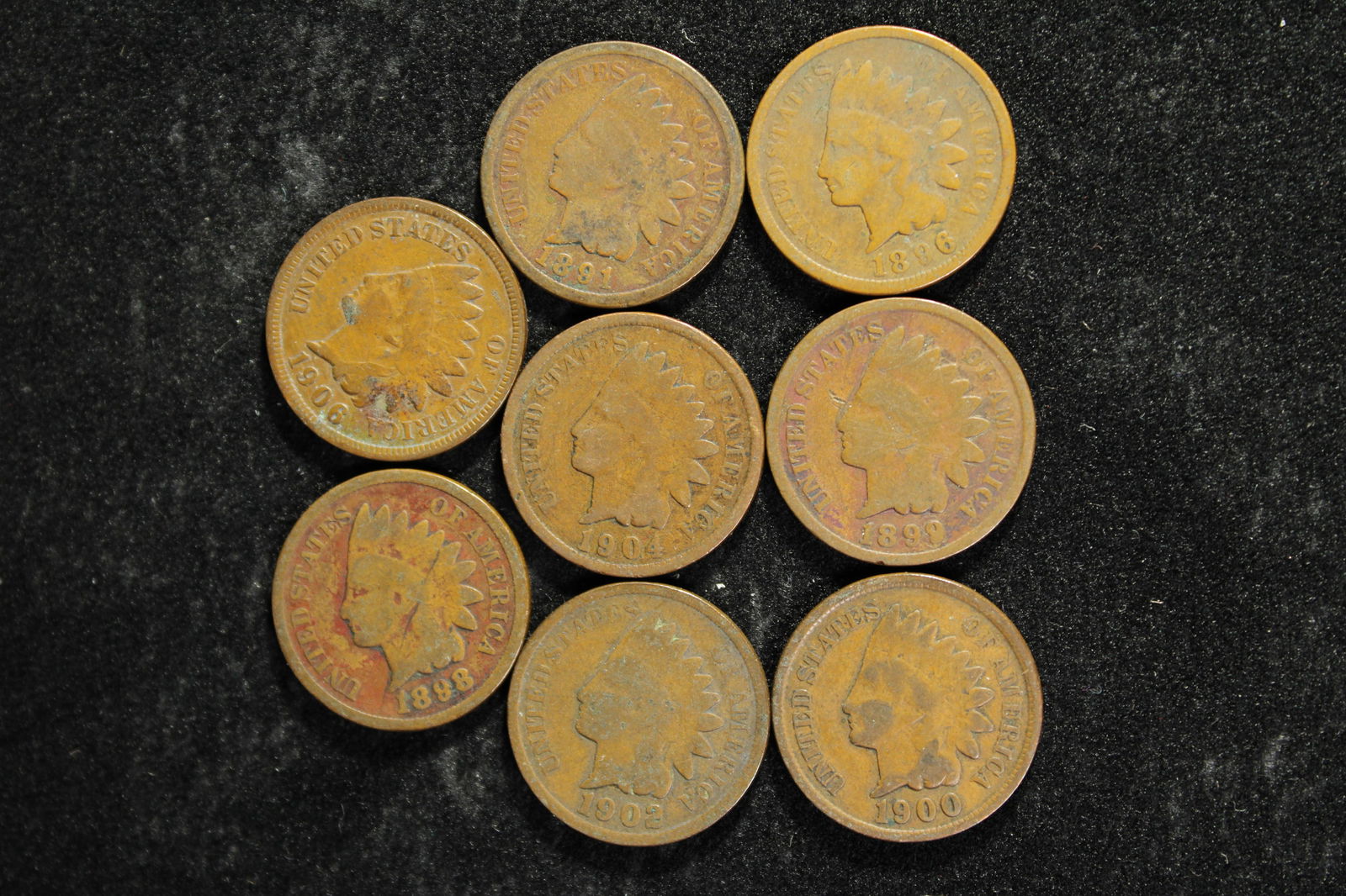 1891, 96, 98, 99, 1900 , 02, 04, 06 Indian Head Pennies (8 Coins) (1 of 2)
