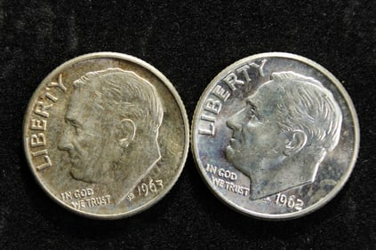 Two 90% Silver Roosevelt Dimes 1962-D & 1963-D Unc.