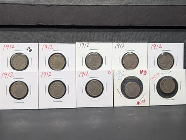 (10 Coins) 1912 P and D Liberty V Nickels, ( 8 1912P 2 1912 D)