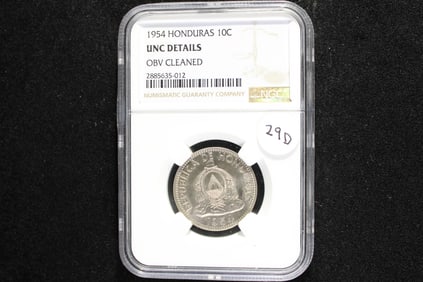 1954 Honduras 10 Centavos.  NGC UNC DETAILS.  Obv Cleaned.