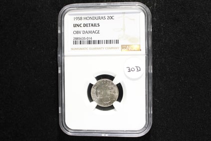 1958 Honduras 20 Centavos.  NGC UNC DETAILS. Obv. Damage.