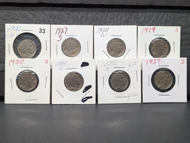 (8 coins) Buffalo Nickels all San Francisco Mint  1923, 1927, 1928, 1929, 1930, 1935, 1936, 1937