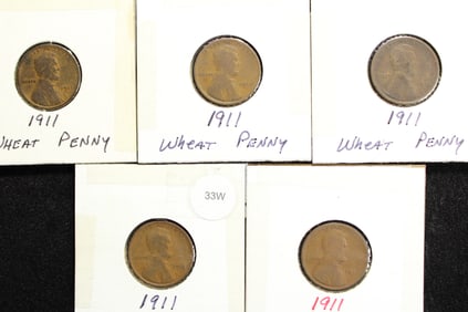 5 - 1911-P Lincoln Wheat Cents in 2 x 2's