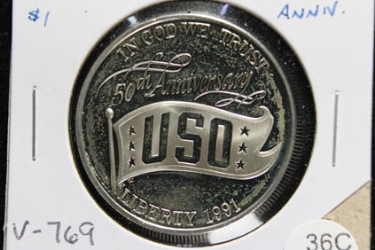 1991-S Silver Dollar.  USO 50th Anniversary.