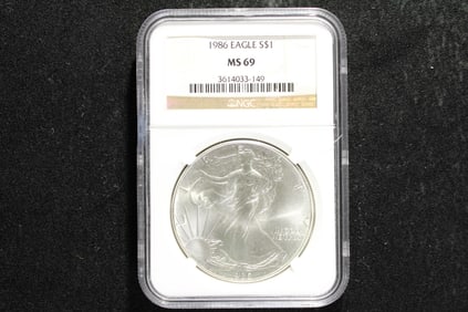 1986 American Silver Eagle, NGC MS 69, Key Date First Year .999 Fine Silver, One Troy Ounce