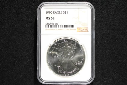 1990 American Silver Eagle, NGC MS 69,  .999 Fine Silver, One Troy Ounce