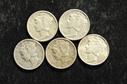 5 - Mercury Dimes 90% Silver, 1936, 1942, 1943, 1944, 1945
