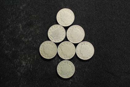 Seven Liberty Head V Nickels - 1900, 1903, 1904, 1905 x2, 1906, 1912