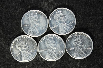 Five  1943 High Grade Lincoln Steel War Time Wheat Cents