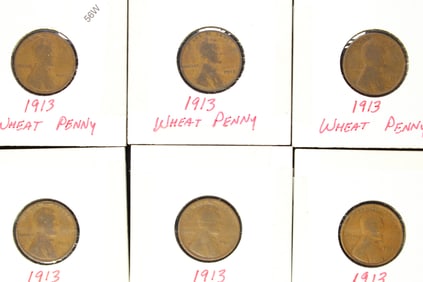 Six 1913 Lincoln Wheat Cents