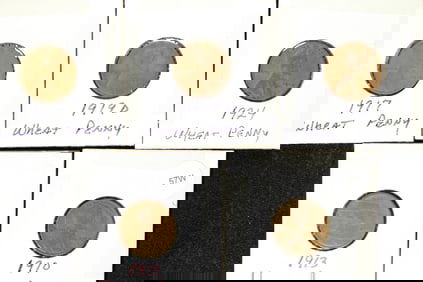 Five Lincoln Wheat Cents 1910, 1913, 1917, 1919-D, 1924