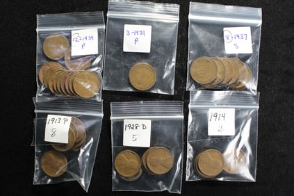 39 Lincoln Wheat Cents (8) 1913,  (4) 1914, (5) 1928-D, (12) 1939, (*) 1937-S, & (2) 1931-P