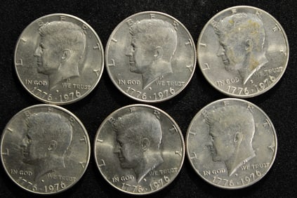 Six 1976-D Clad Bicentennial Kennedy Half Dollars