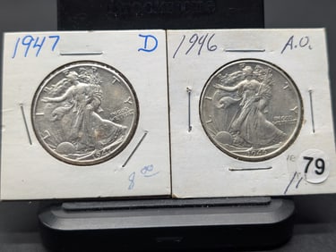 ( 2 coins) 1946 P and l947 D Walking Liberty Half Dollar