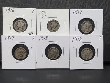 (6 coins) 1916 P, 1917 S, 1917P, 1917 S, 1918 P 1918 S Mercury Dimes