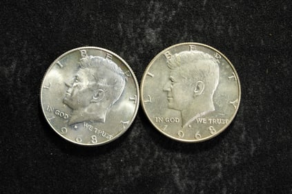 Two 1968-D Kennedy Half Dollars 40% Silver Unc.