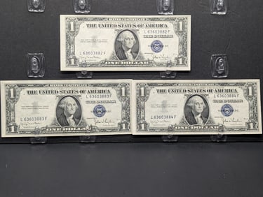 (3 Bills) $1 Silver Certificates Series 1935 D Sequentially Numbered Uncirculated