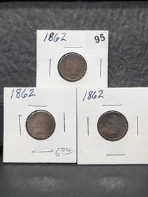 (3 coins) 1862 Indian Head Pennies