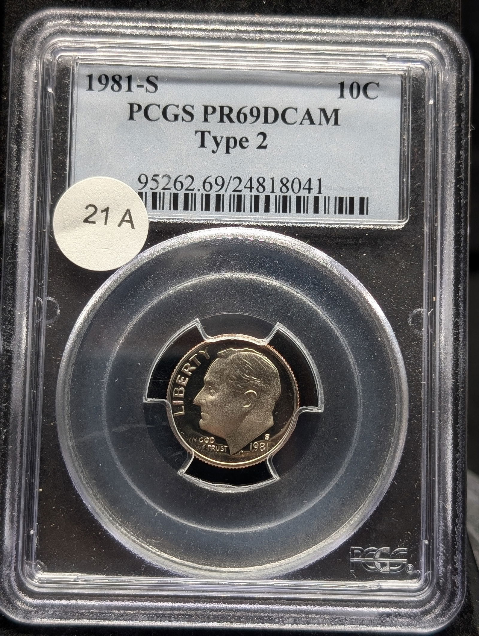1981-S Type 2, second S, Roosevelt Dime. Slabbed by PCGS, top grader, as Proof 69, Deep Cameo. (1 of 3)